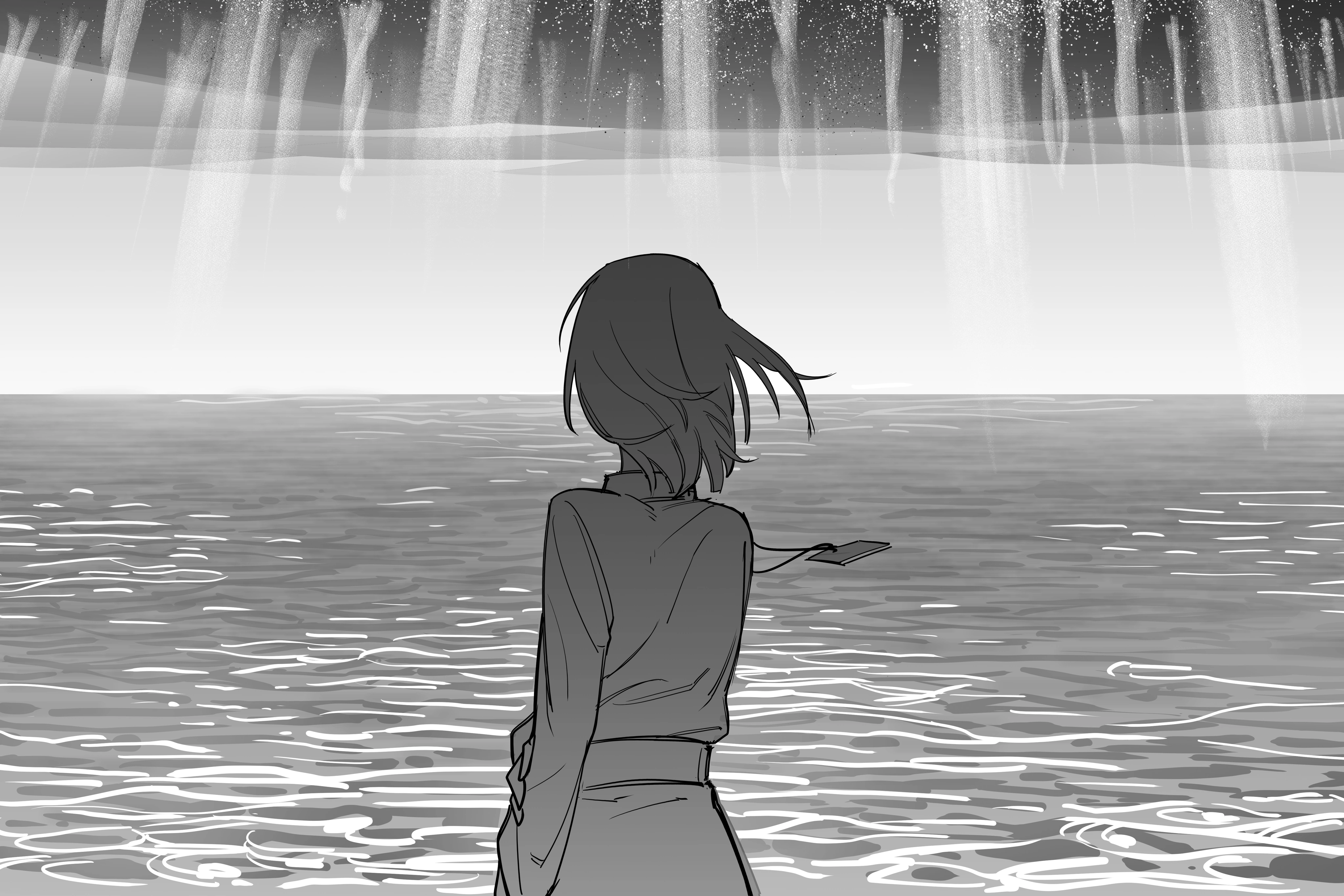 小雨站在无边水面前的梦境草图